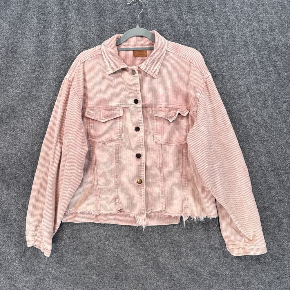 POL Corduroy Jacket Women Medium Pink Acid Wash Raw Hem Distressed Shacket Boho